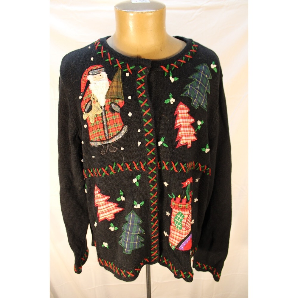 All‎ Points Christmas Sweater Ramie Cotton Black Size XL Santa